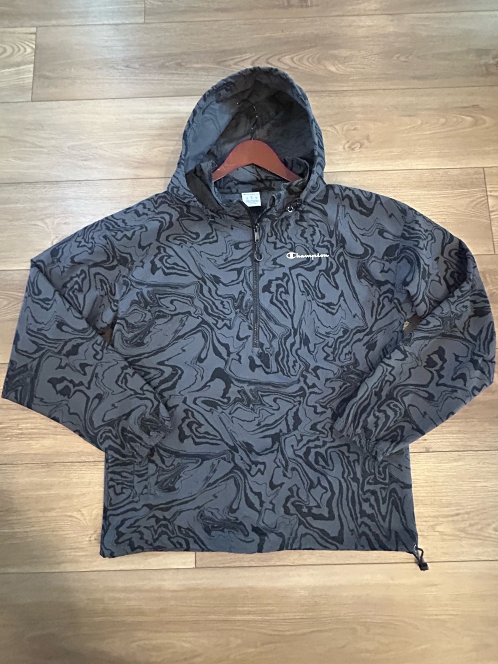 Champion Small Black Marble Print Hooded Quarter Zip Windbreaker Jacket